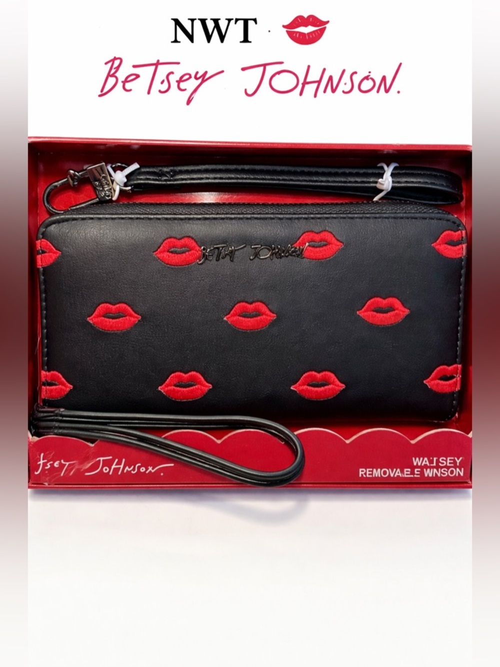 Betsey Johnson Lip Wallet Wristlet Black Red Kiss NWT